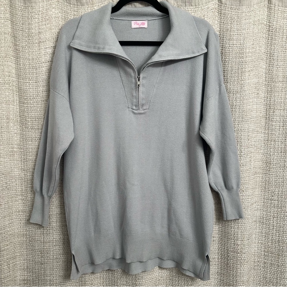 Pink Lily Quarter Zip Pullover Long Sleeve Collared Sweater Gray Size Small